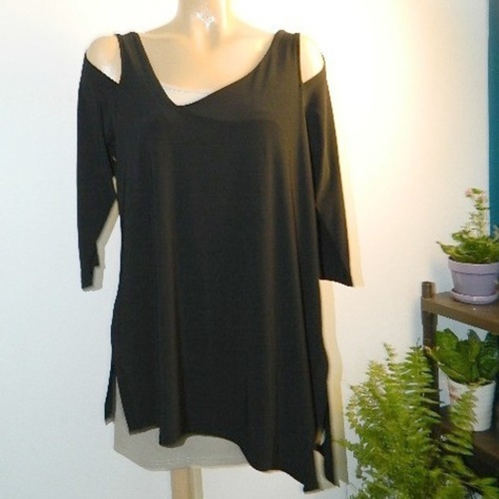 Sympli Cold Shoulder Tunic Women 12 Black Asymmetrical V-Neck 3/4 Sleeve Top